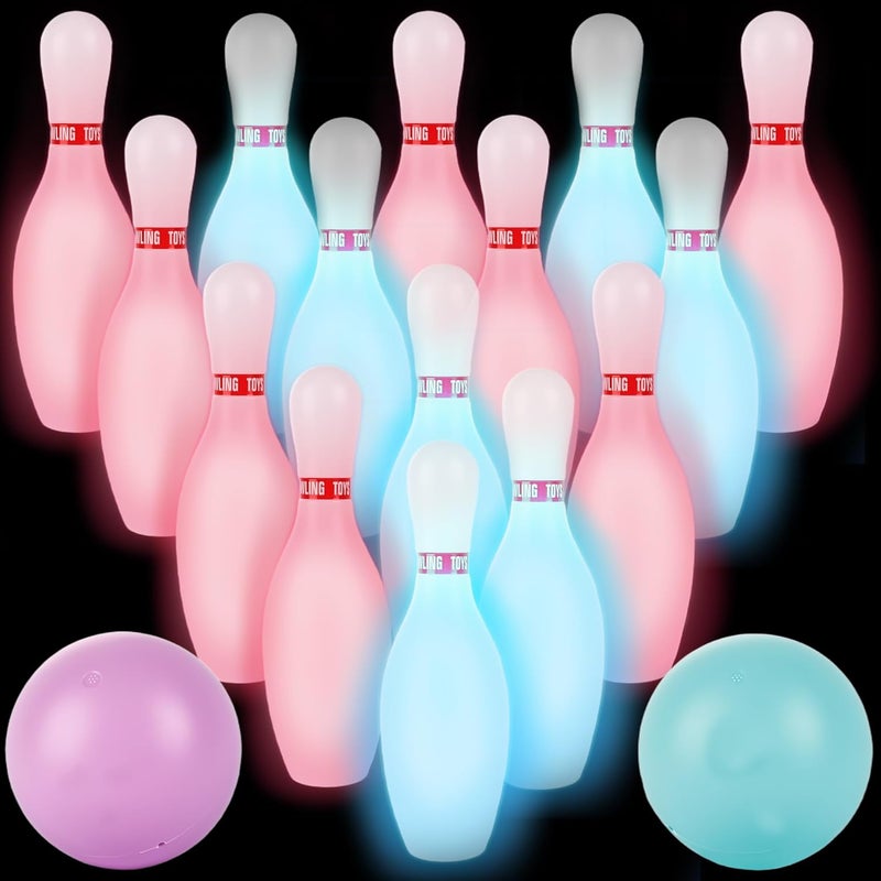 Norcoin 17 Pcs Kids Light up Bowling Ball Toys Set Glow in The Dark Bowling Pins Toy Game with 15 Pins & 2 Balls Fun Sports Games for Kids Toddler Indoor & Outdoor Boys Girls Children - Image 1
